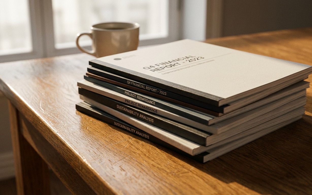 Stack of reports titled Q4 Financial Report 2023, Project Renaissance, and Sustainability Analysis on a wooden table with a coffee cup in the background.
