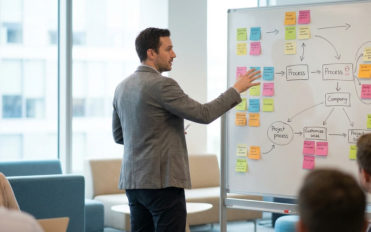 Man in gray blazer pointing to a whiteboard covered with colorful sticky notes and a flowchart during a presentation in a modern office.