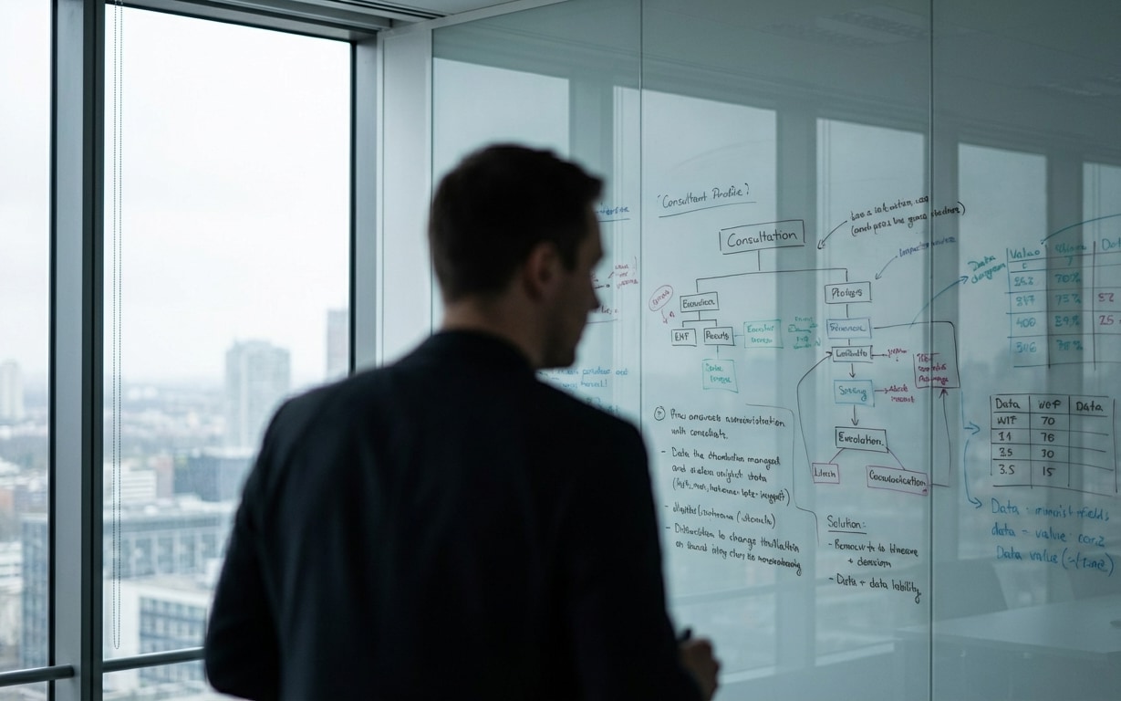 Silhouette of a man writing a detailed flowchart and notes on a glass wall in an office with a cityscape view outside.