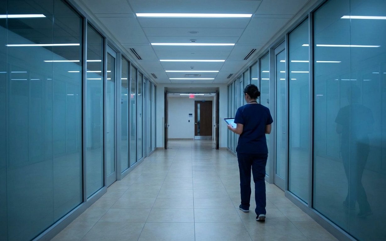 A healthcare professional in navy blue scrubs walking down a hospital corridor while looking at a tablet.