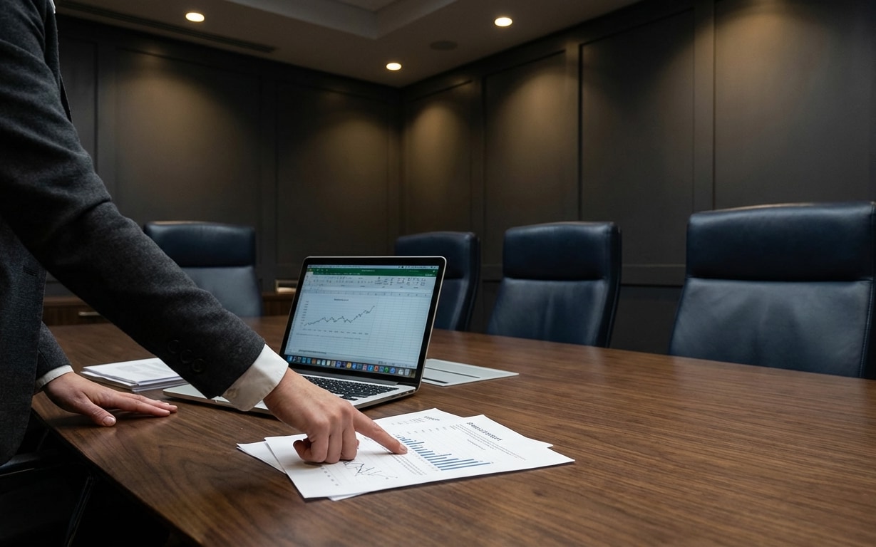 Person pointing at printed bar and line graphs on a wooden conference table with a laptop displaying a line chart in a modern office.