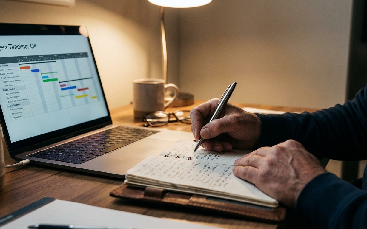 Person writing notes in a notebook at a desk with an open laptop displaying a project timeline chart for Q4, glasses, a coffee mug, and a desk lamp in the background.