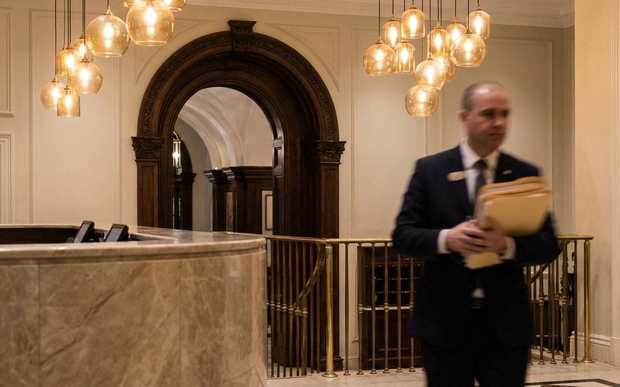 Lobby area with marble reception desk, ornate wooden arch doorway, hanging glass pendant lights, and a staff member in a suit holding folders.