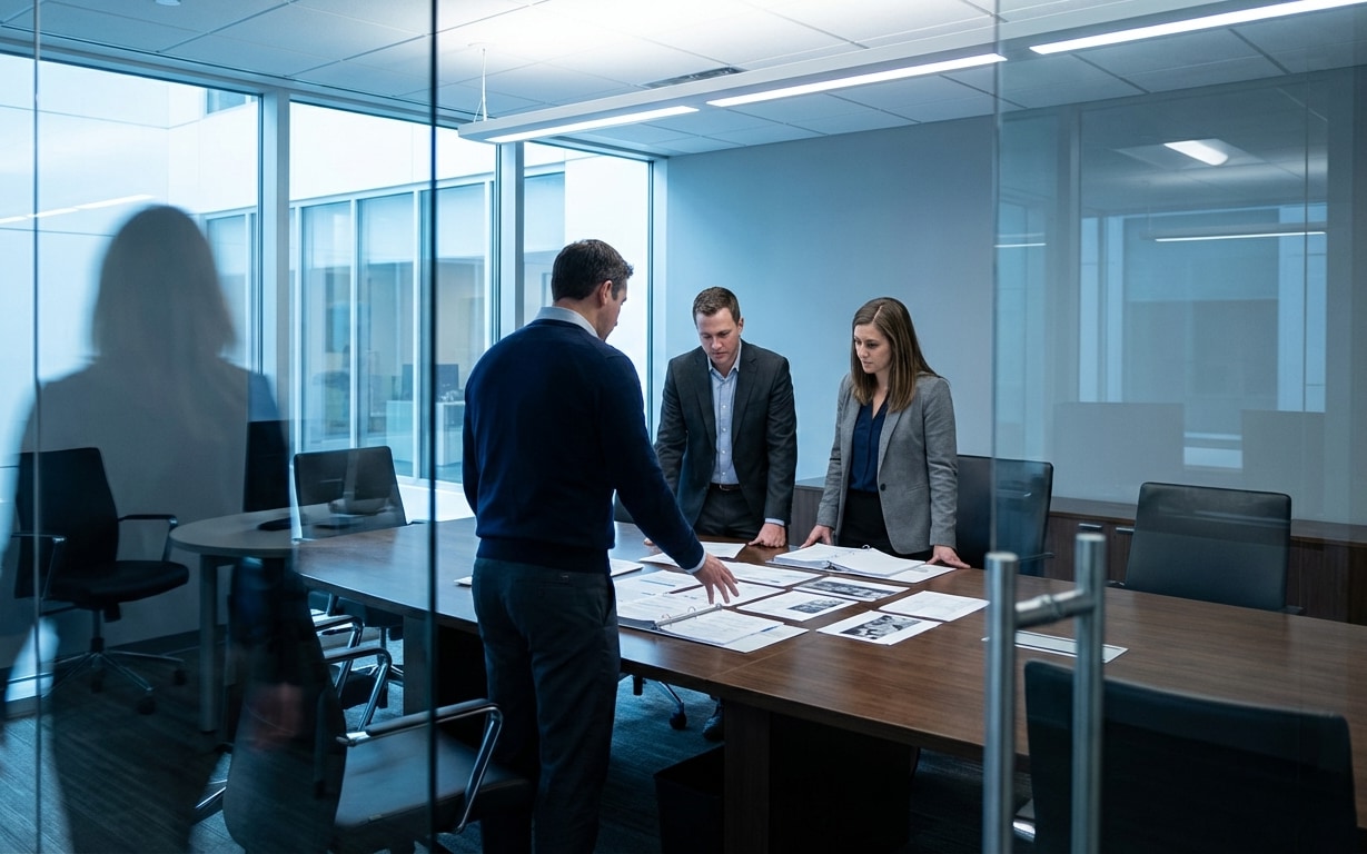 Three business professionals standing around a conference table reviewing documents in a modern glass-walled meeting room.