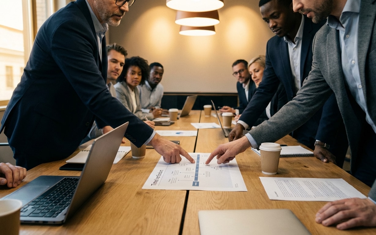 Business team gathered around a conference table pointing at a printed timeline chart during a meeting.