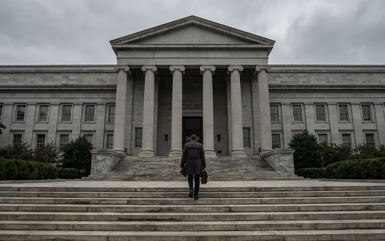 Person wearing a dark coat ascending wide steps toward a large classical building with tall columns and a triangular pediment under a cloudy sky.