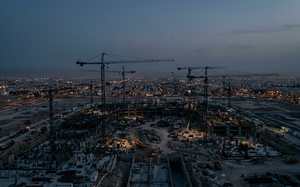 Large construction site with multiple cranes and machinery illuminated at dusk with city lights in the background.