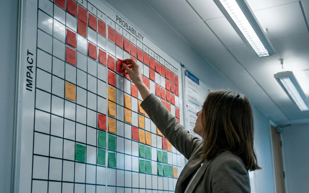 Person placing a red sticky note on a large whiteboard with a grid labeled 'IMPACT' on the vertical axis and 'PROBABILITY' on the horizontal axis.