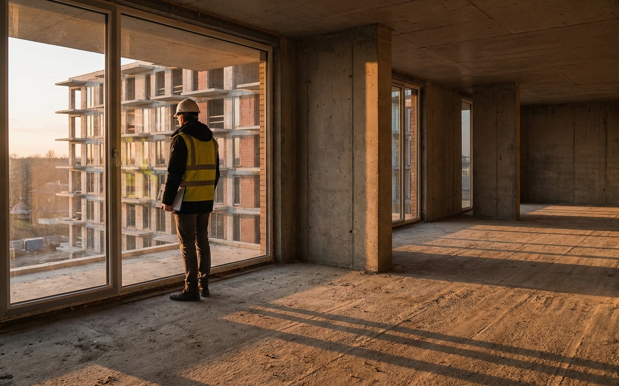 Construction worker in a yellow safety vest and helmet standing inside an unfinished concrete building looking out through large glass windows.