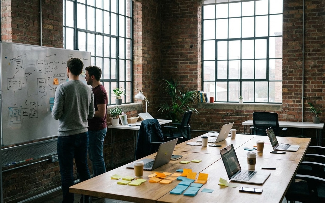 Two men brainstorming ideas on a whiteboard in a modern office with large windows and a wooden table covered with laptops, coffee cups, and colorful sticky notes.