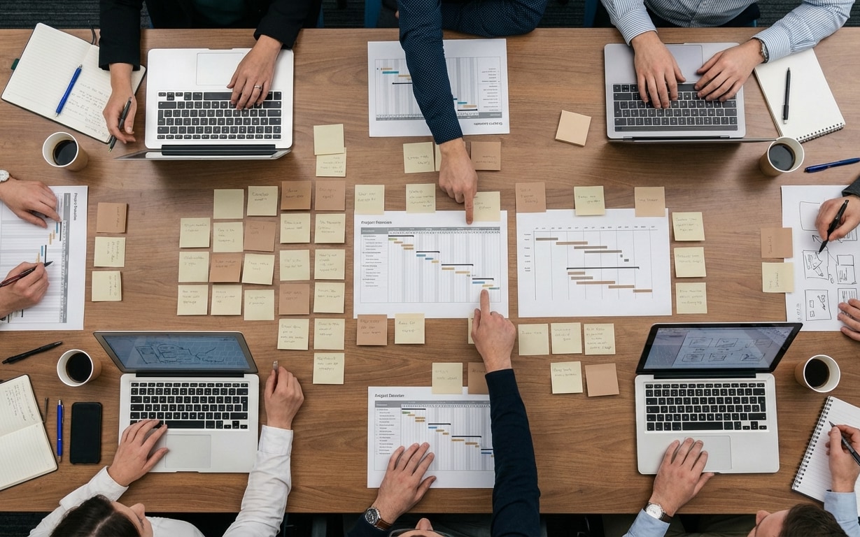 Overhead view of six people working collaboratively at a table with laptops, notebooks, coffee cups, sticky notes, and project timeline charts.