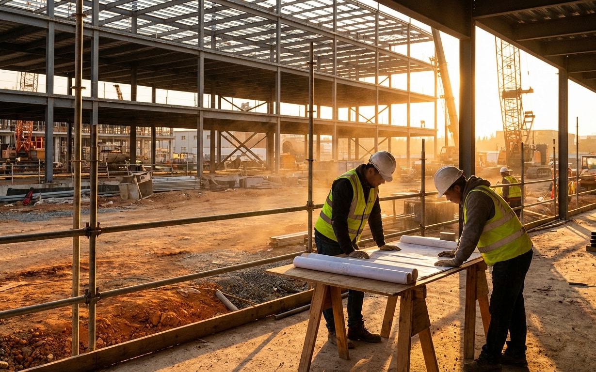 Two construction workers in hard hats and reflective vests reviewing blueprints on a wooden table at a building site during sunset.