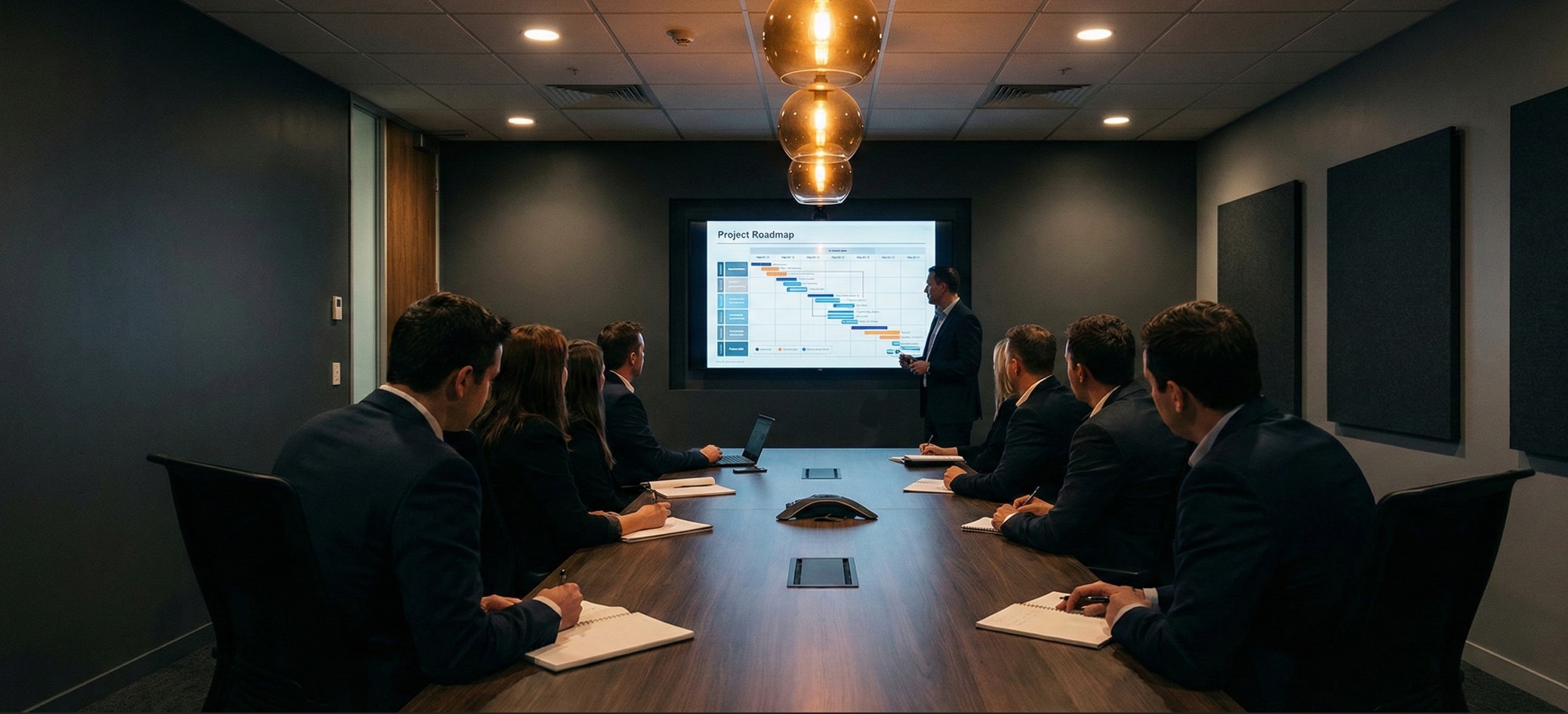 Business meeting with a presenter showing a project roadmap on a screen to eight people seated around a conference table.