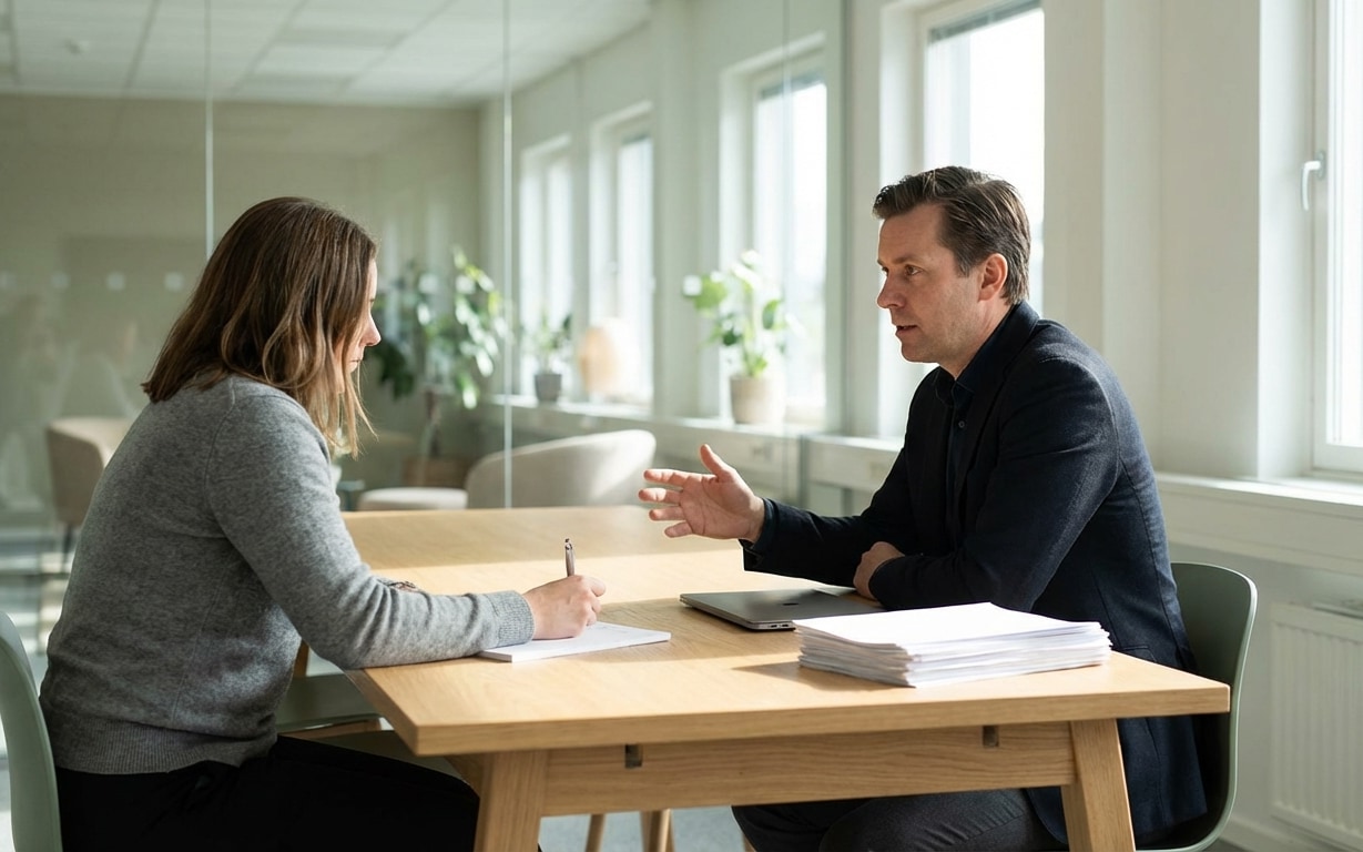 Man and woman having a discussion at a wooden table in a bright office with windows and plants.