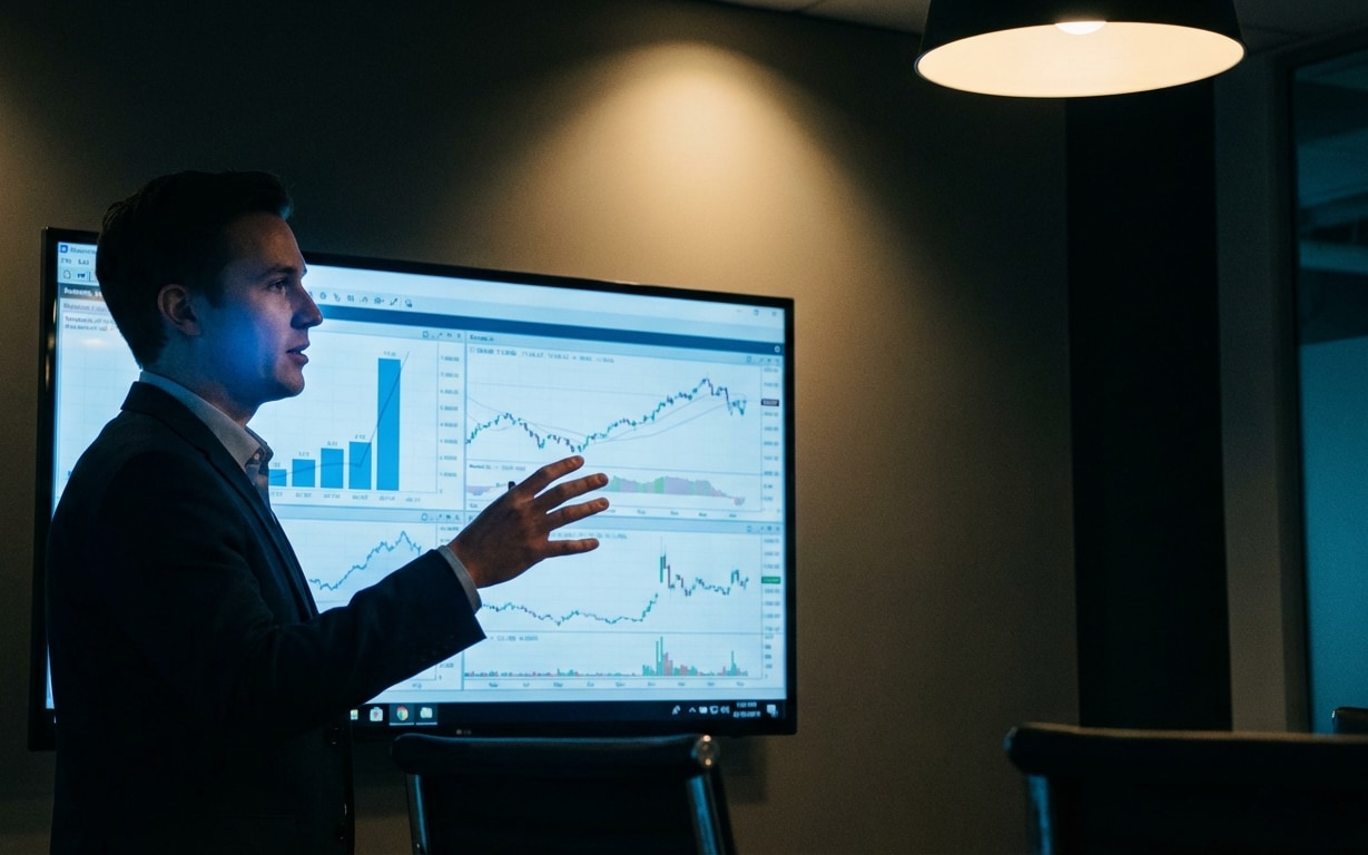 Man in a suit gesturing while presenting financial charts displayed on a screen in a dimly lit room.