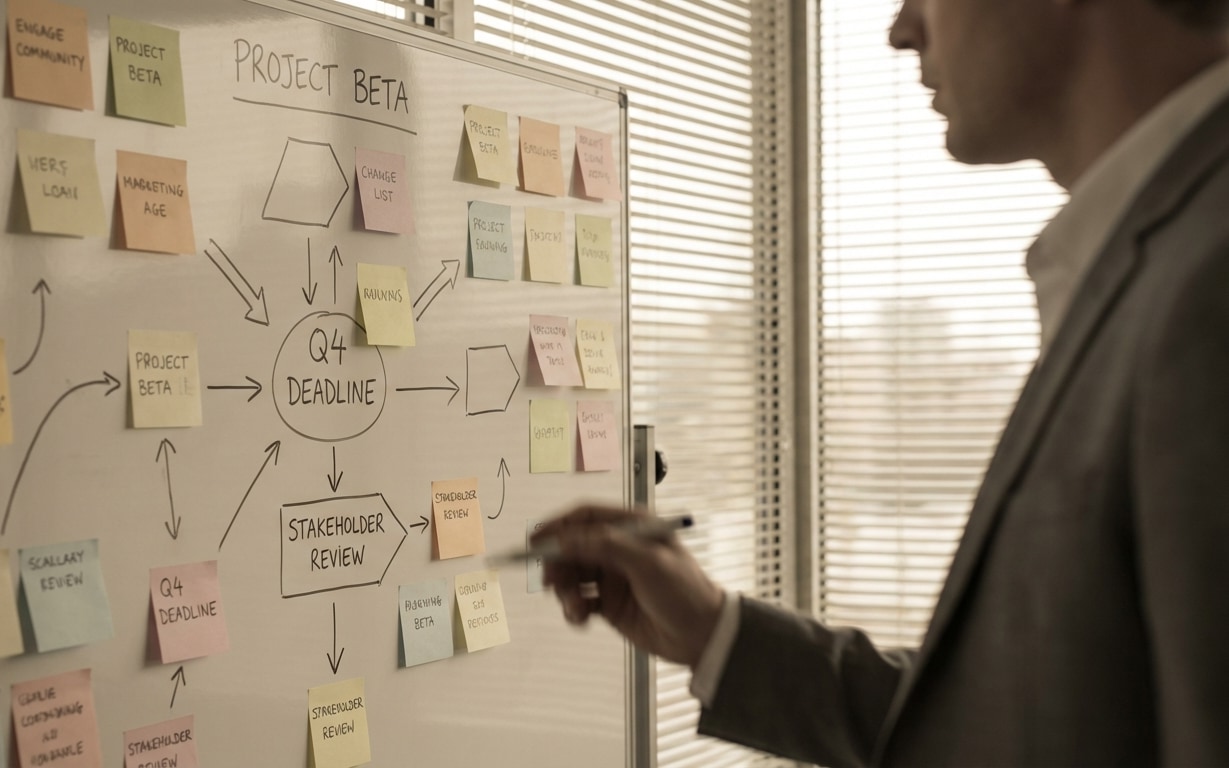 Person pointing at a whiteboard with a project plan diagram titled 'Project Beta' featuring sticky notes and arrows detailing deadlines and stakeholder review steps.