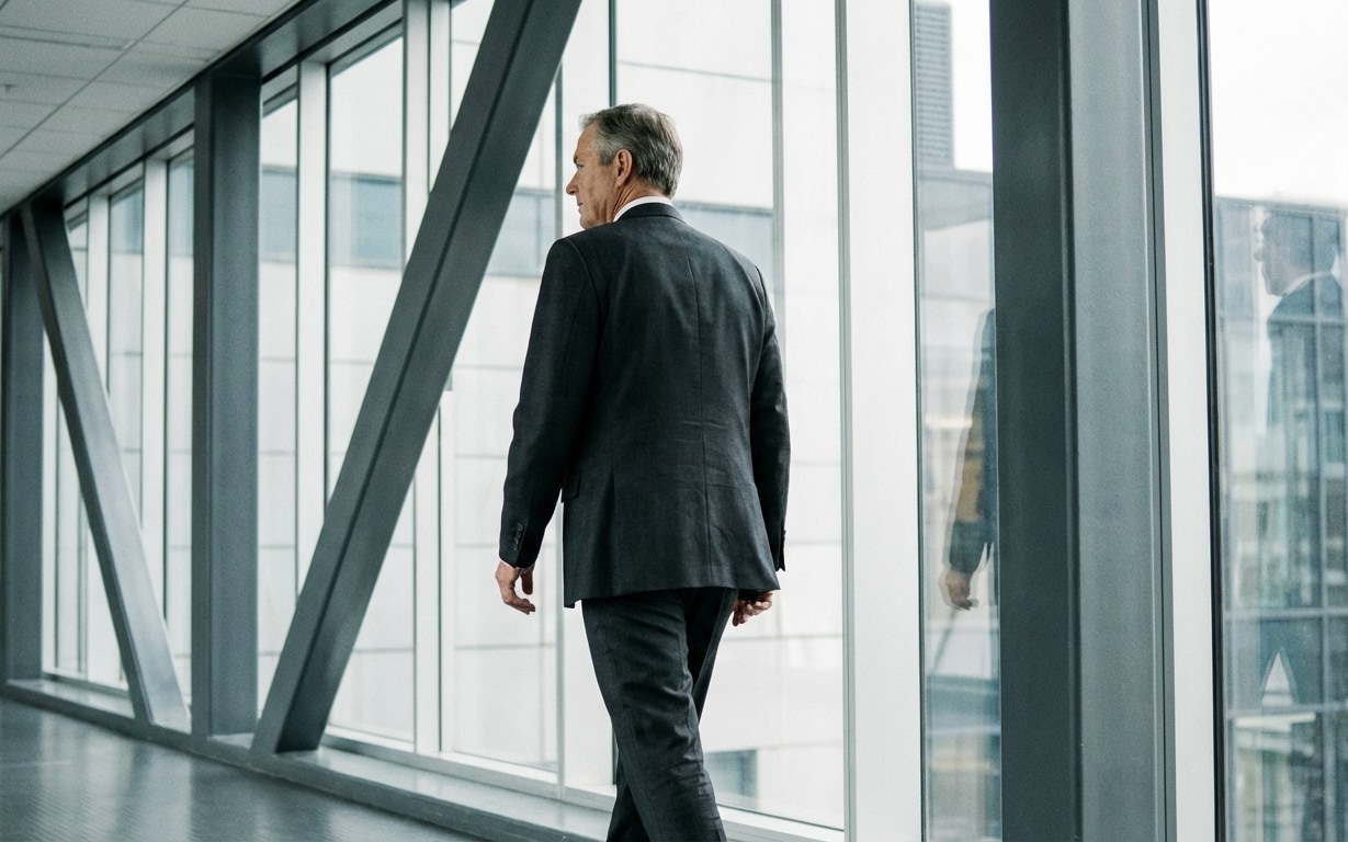 Man in a dark suit walking in a modern building corridor with large glass windows.
