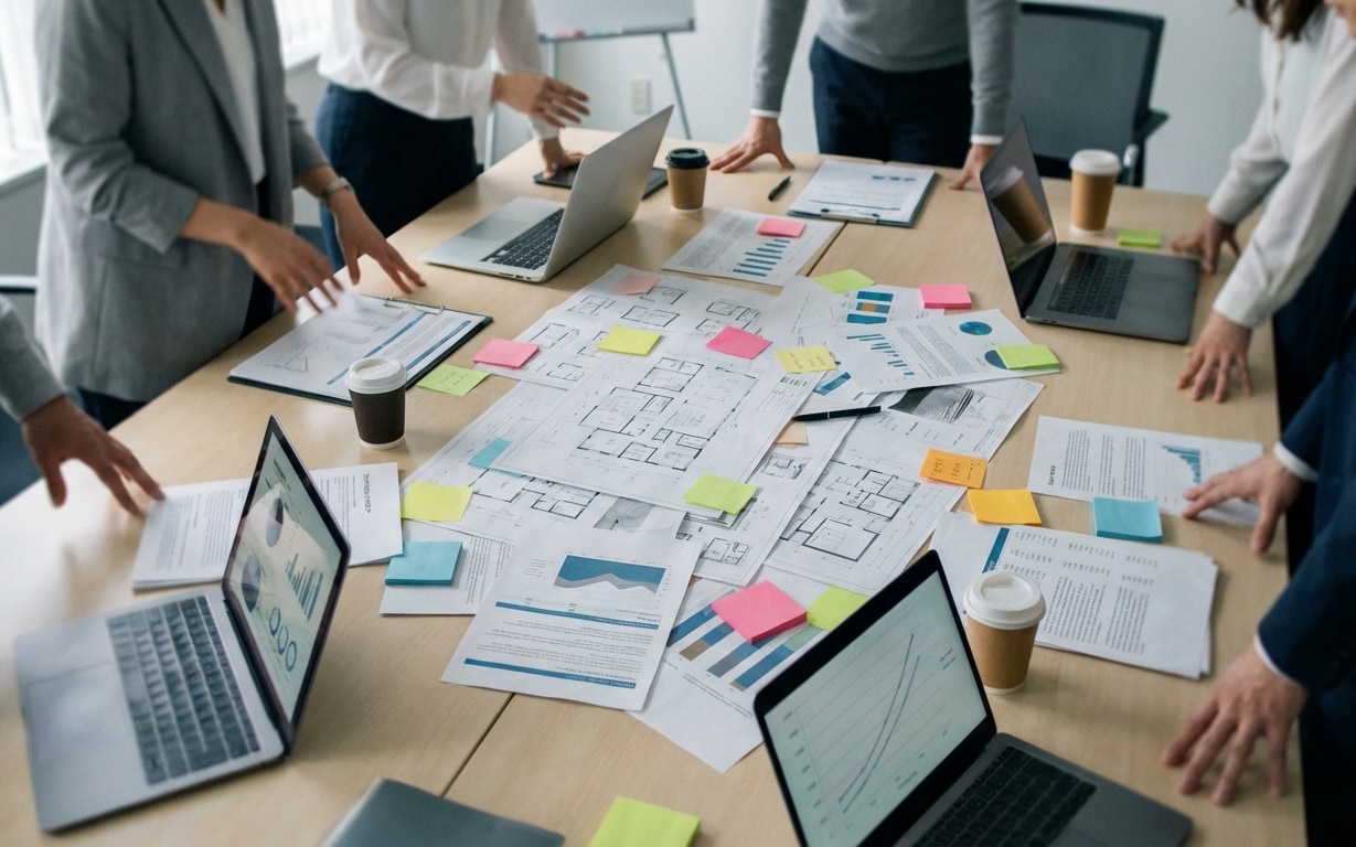 Group of people standing around a table with laptops, coffee cups, and scattered business charts and building blueprints with colorful sticky notes.