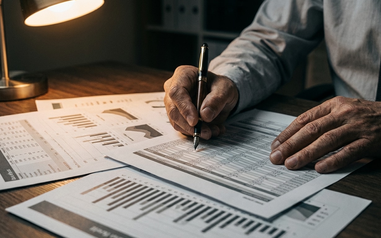 Person's hands reviewing and marking financial documents with charts and tables under warm desk lamp light.