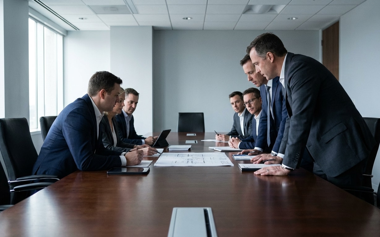 Seven business professionals in suits debating over architectural blueprints in a modern conference room.