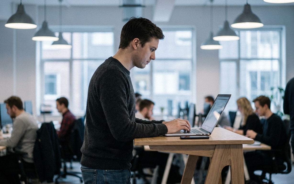 Man in a dark sweater working on a laptop at a standing desk in a modern office with colleagues in the background.