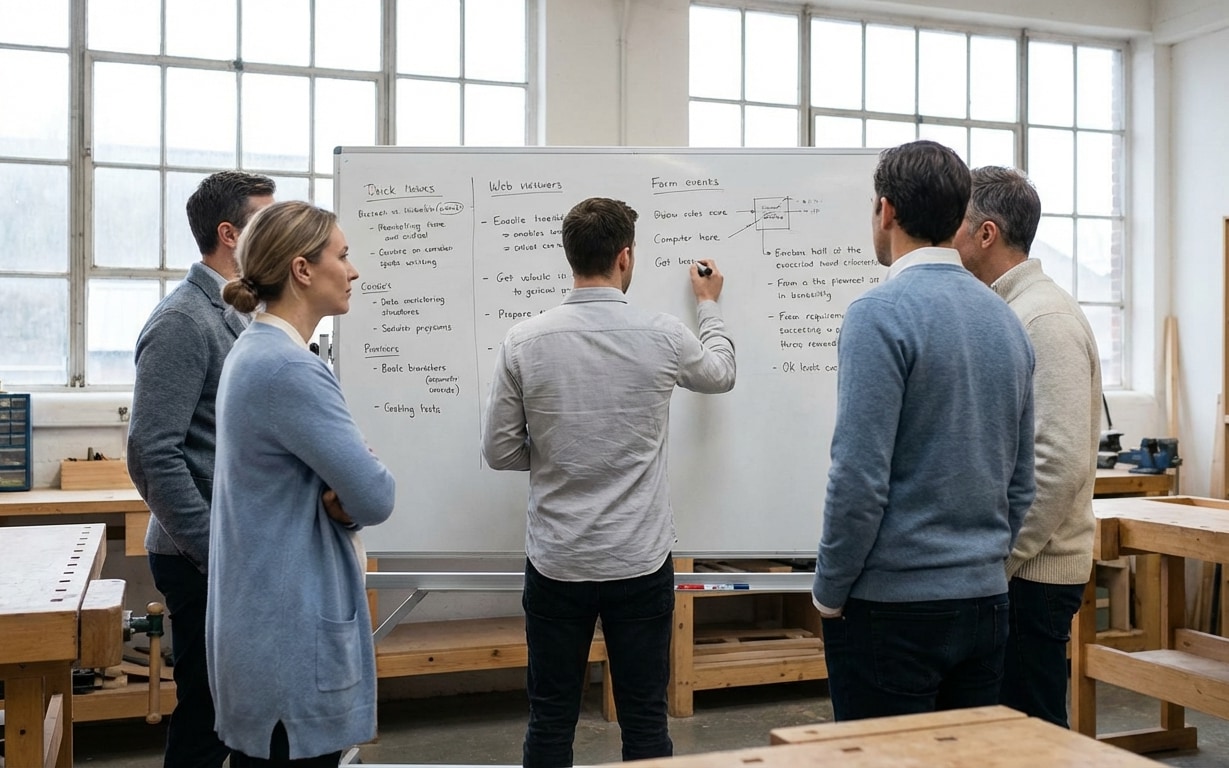 Five colleagues standing around a whiteboard during a meeting in a bright workshop with large windows.