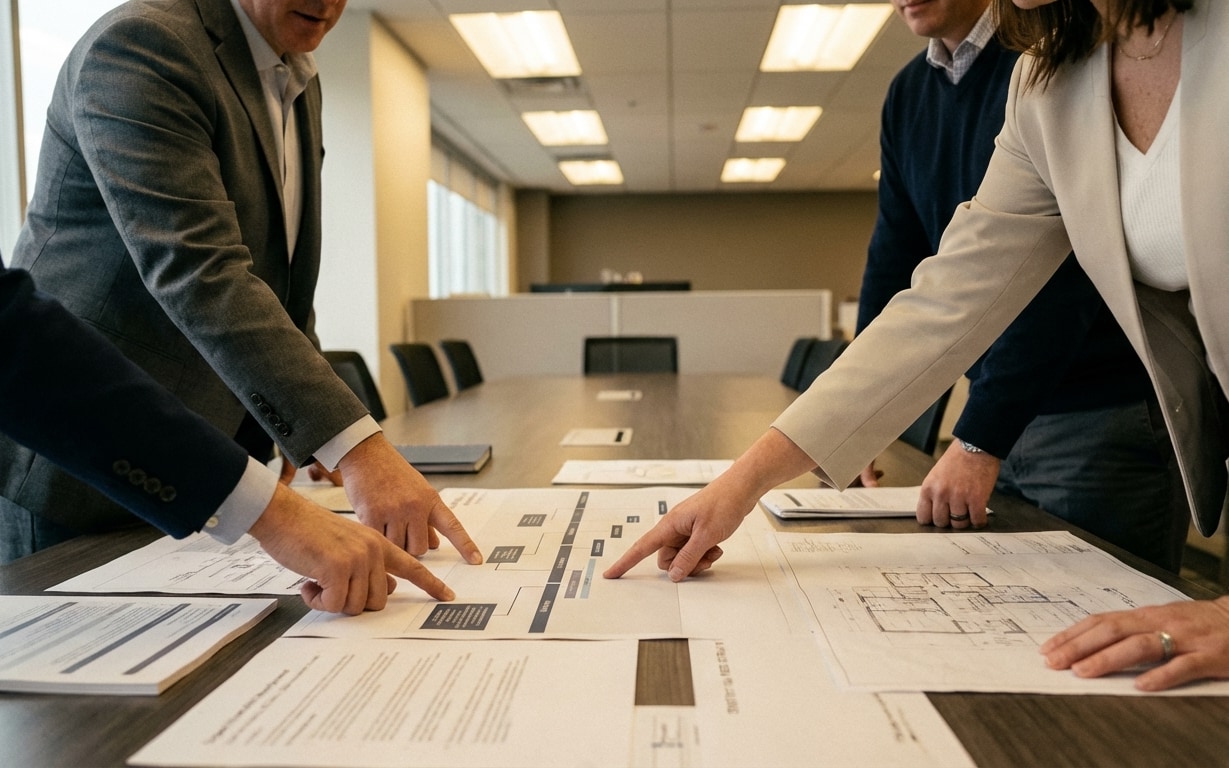 Four people in business attire pointing at and discussing architectural plans and documents spread on a conference table.