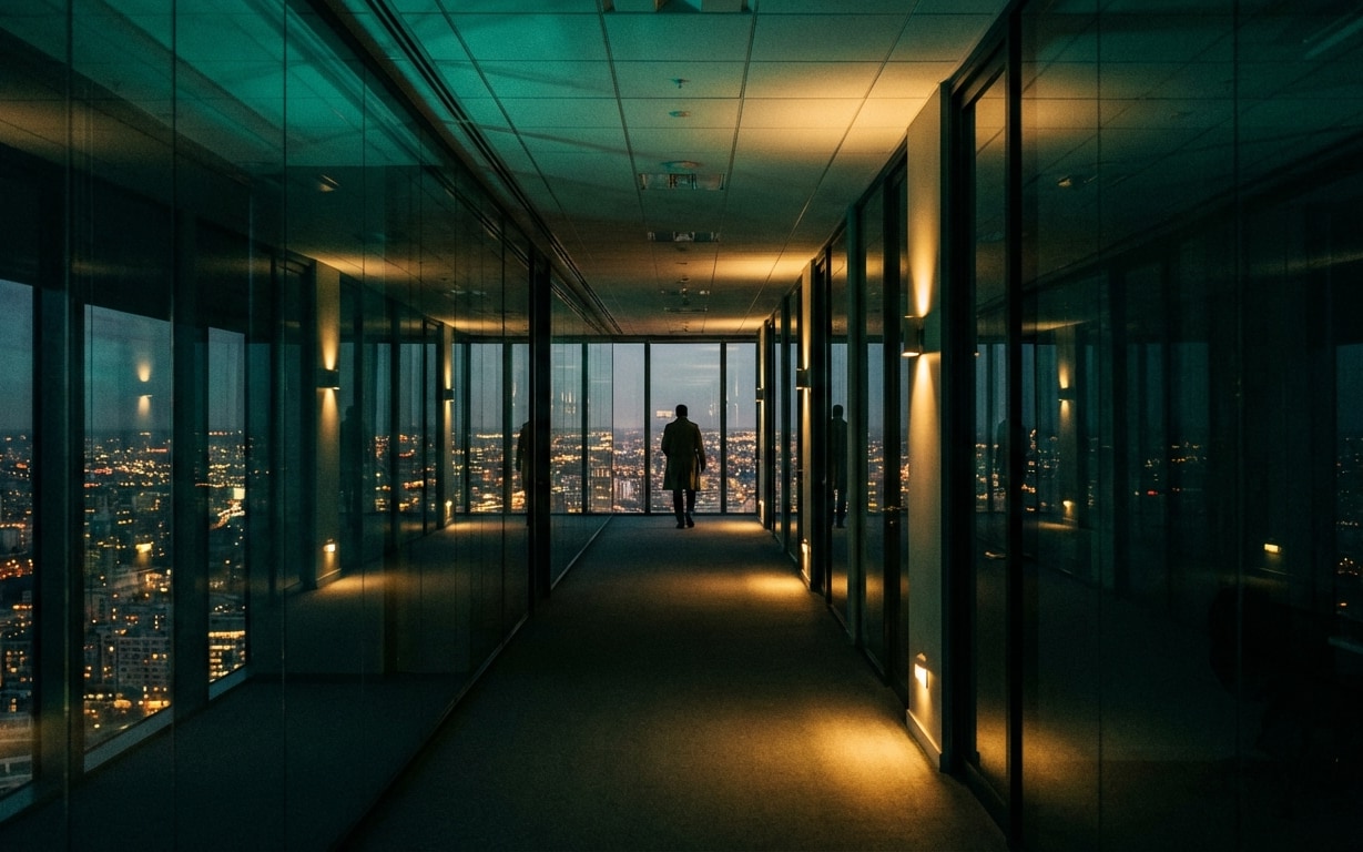 Person walking through a dimly lit modern office corridor with glass walls overlooking a city skyline at dusk.