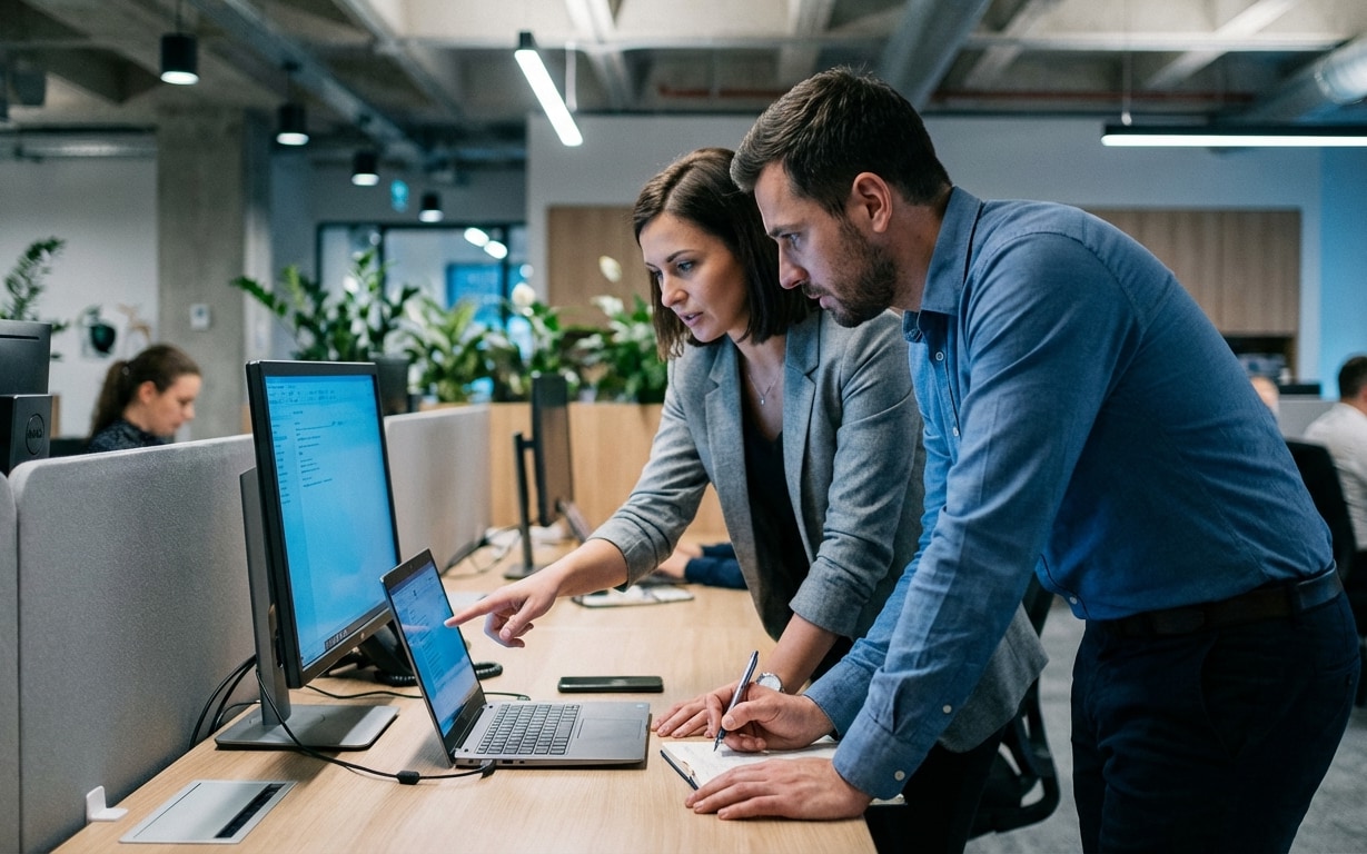 Two colleagues stand at a desk in a modern office, one pointing at a laptop screen while the other takes notes on a clipboard.