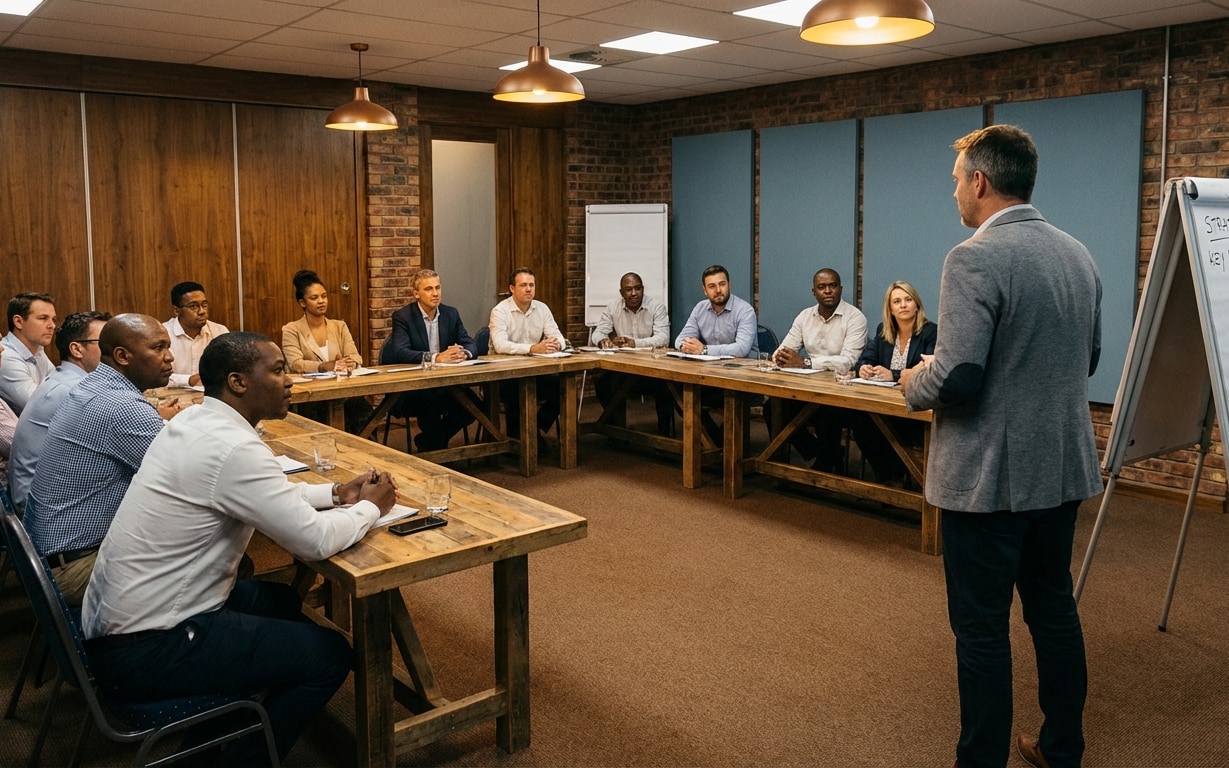 Business professional in gray blazer standing and presenting to a group of attentive colleagues seated around wooden tables in a conference room.