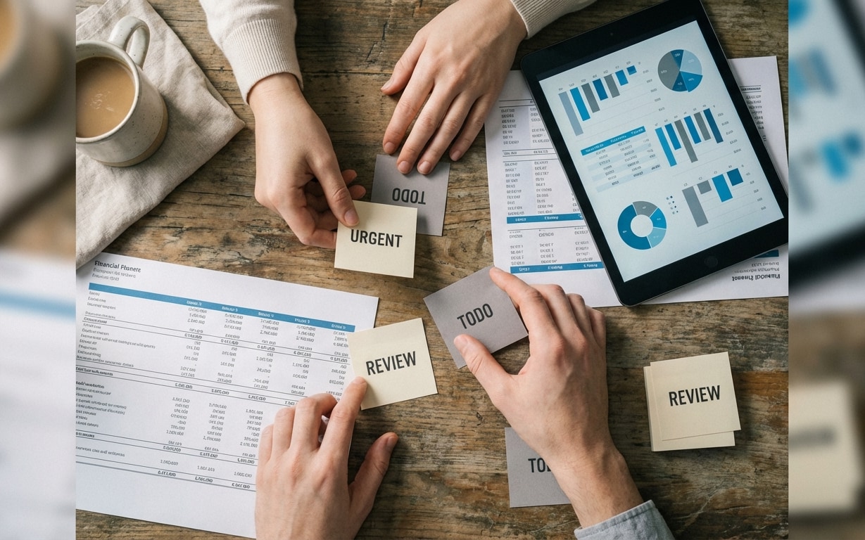 Two people organizing task cards labeled urgent, review, and todo on a wooden table with documents, charts, and a tablet displaying graphs.
