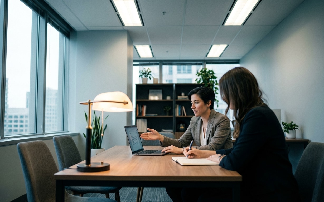 Two women in business attire having a discussion in a modern office around a wooden table, one pointing at a laptop screen and the other taking notes in a notebook.