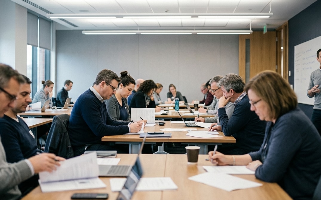 Group of adults in a classroom setting focused on writing and reading documents at long tables.