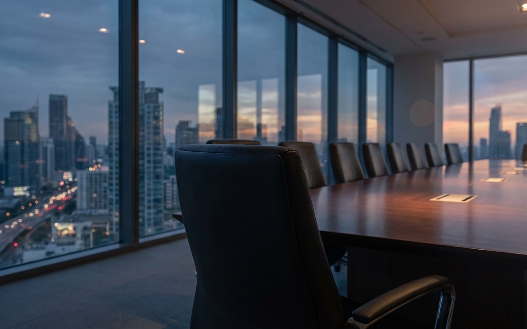 Empty modern conference room with a long wooden table, black office chairs, and large windows showing a city skyline at dusk.