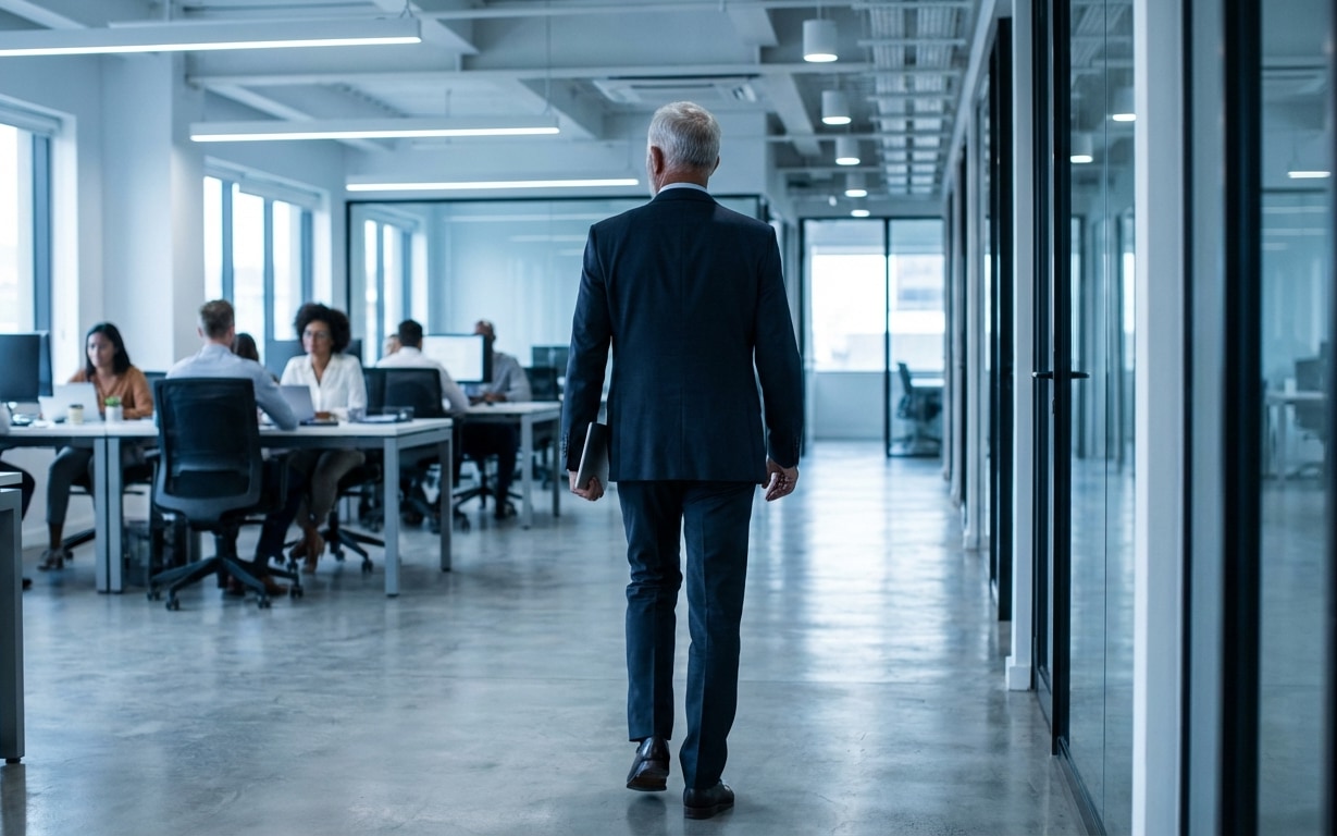 Man in suit walking down a hallway in a modern office with coworkers working at desks.