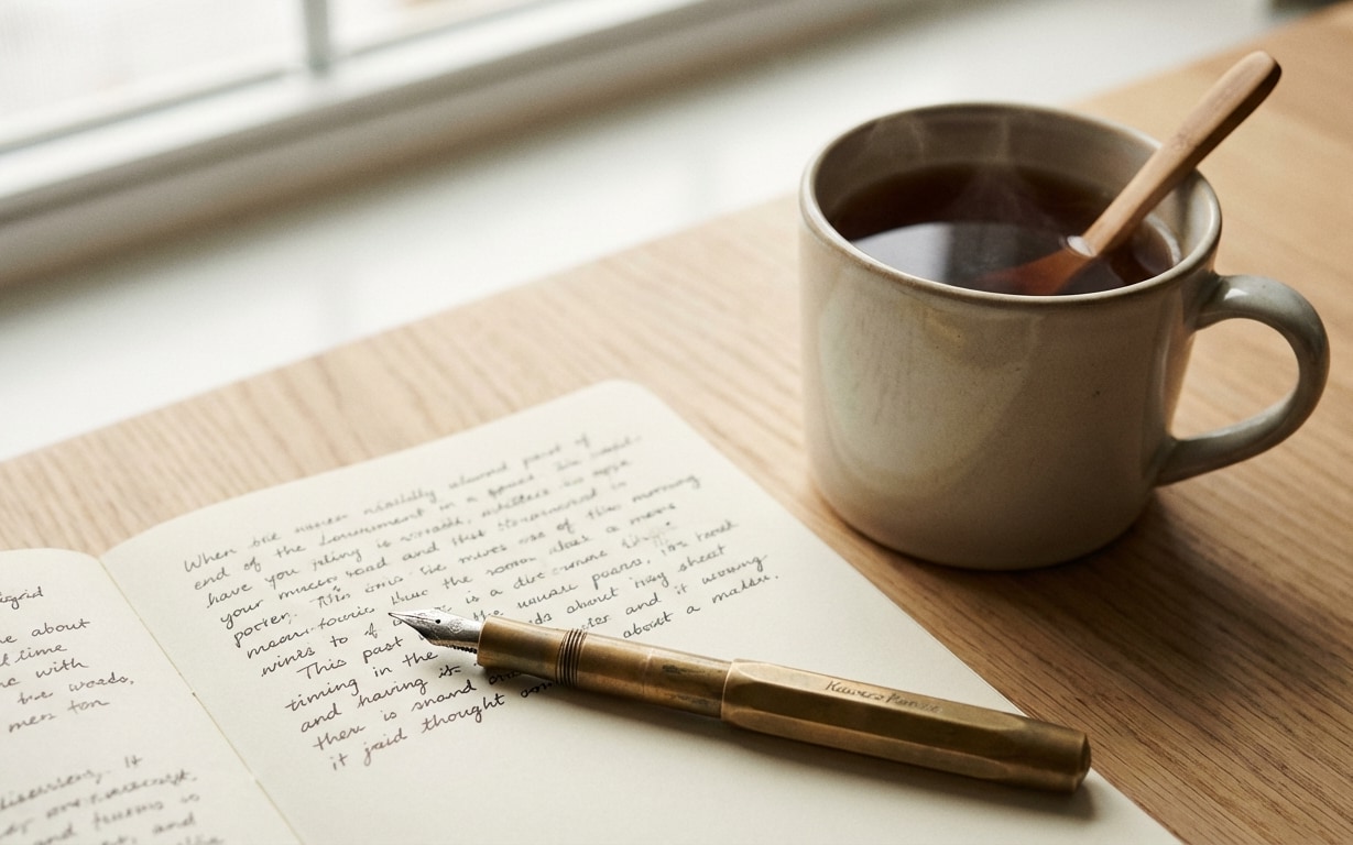 Open notebook with handwritten text and a brass fountain pen resting on it, beside a steaming mug with a wooden spoon inside on a wooden surface.