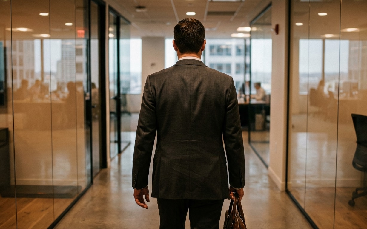 Man in a suit holding a brown leather briefcase walking down a glass-walled office corridor.