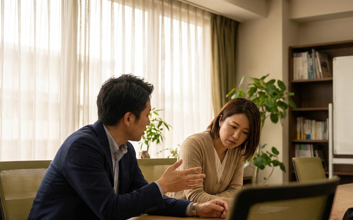 Two people engaged in a serious conversation in a well-lit office with plants and bookshelves in the background.