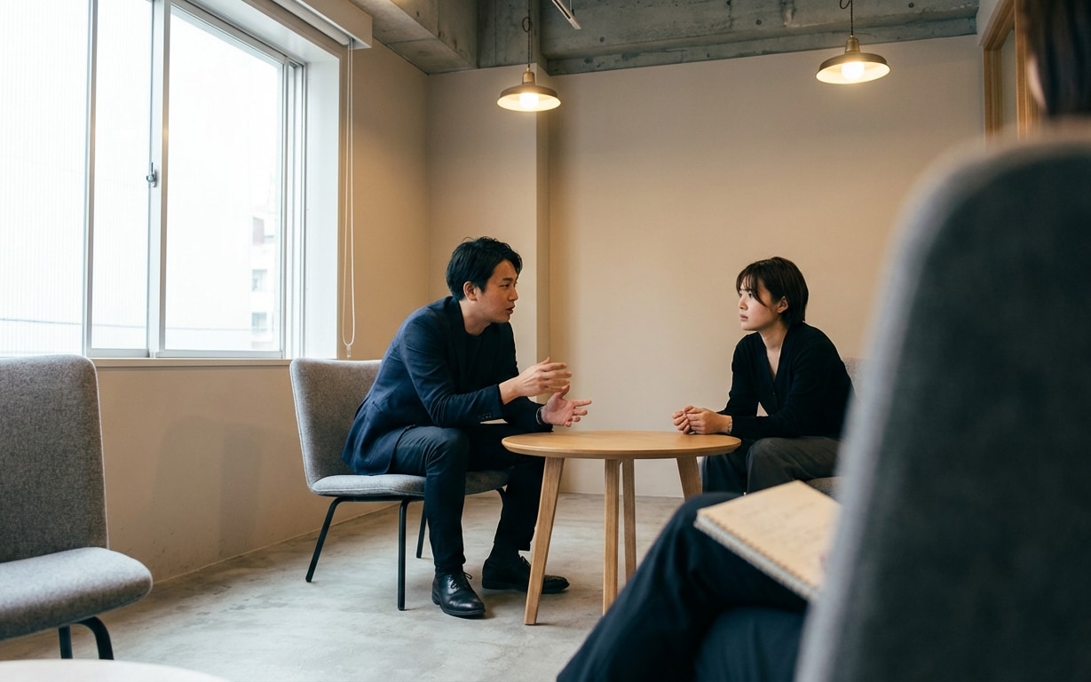 Two people sitting across from each other at a round wooden table in a modern office, engaged in conversation.