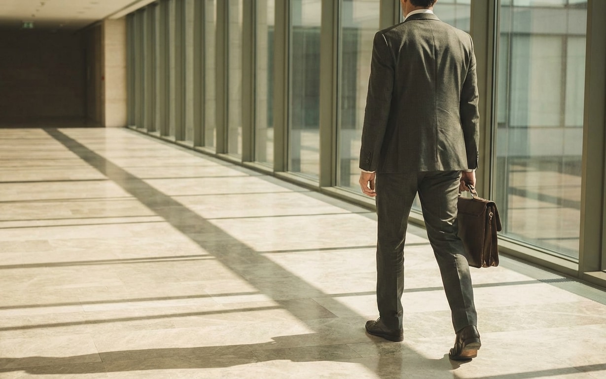 Man in a suit walking down a sunlit corridor carrying a briefcase.