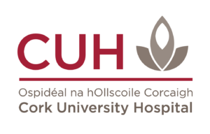 Cork University Hospital logo with stylized leaf symbol and name text in English and Irish.
