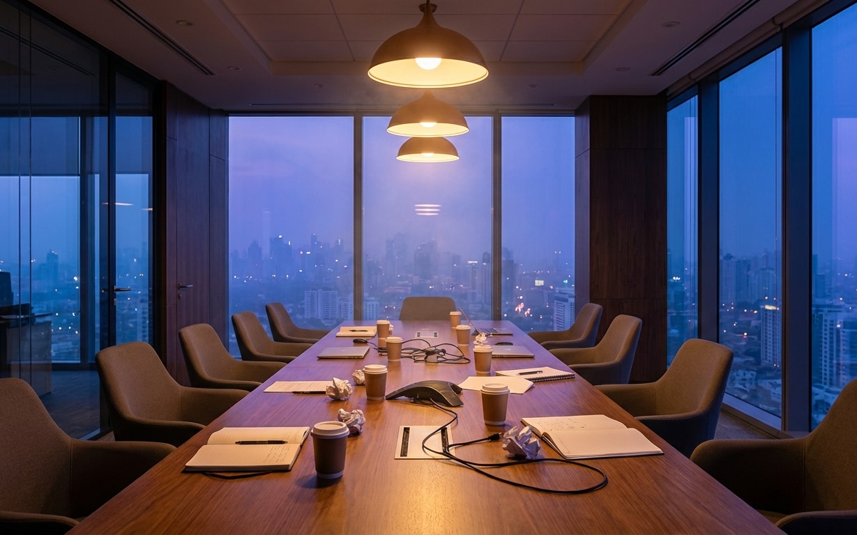 Modern conference room at dusk with a long wooden table, chairs, notebooks, coffee cups, and city skyline visible through large windows.