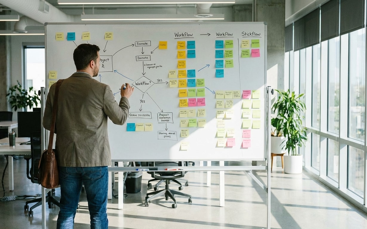 Man with a bag writing on a whiteboard covered with workflow diagrams and colorful sticky notes in a modern office with large windows.
