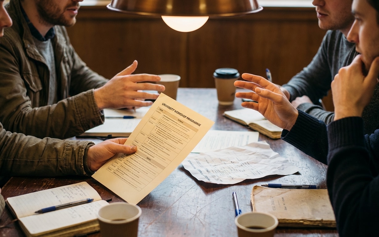 Three people discussing at a wooden table with notebooks, pens, coffee cups, and a paper titled 'University Research Programme'.