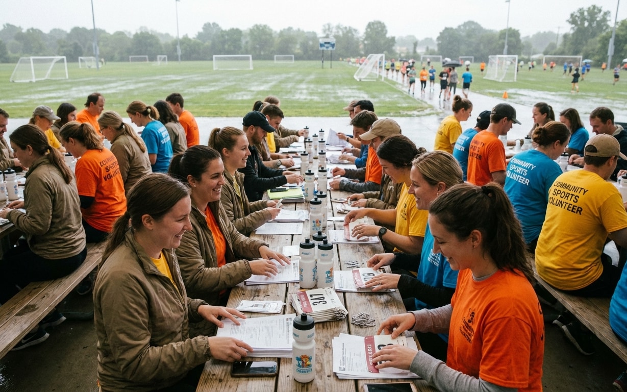 Volunteers sitting at long outdoor tables sorting race bibs and documents on a rainy day at a sports field with running participants in the background.
