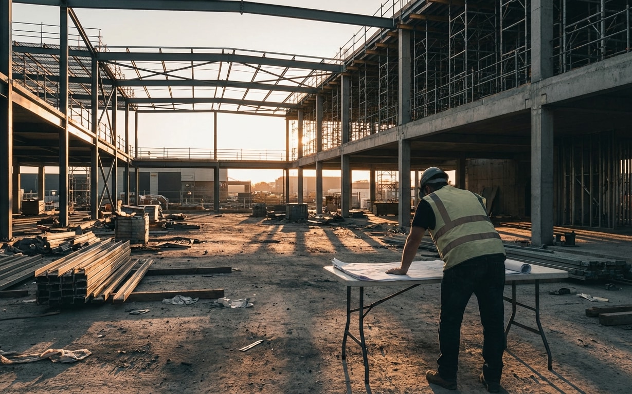 Construction worker in safety vest and helmet reviewing blueprints on a table inside a building framework at sunset.