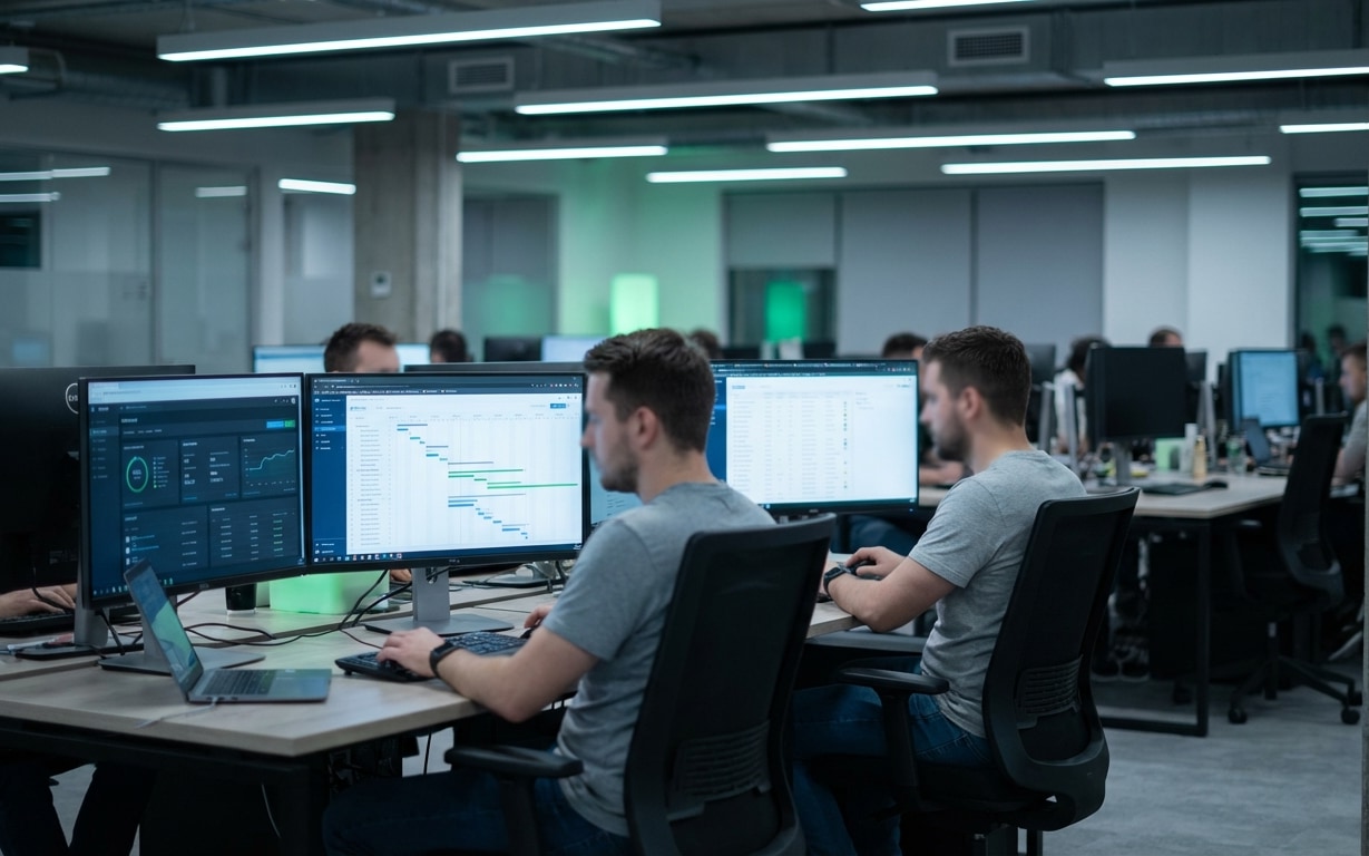 Two men seated at desks in an office, working on computers with multiple monitors displaying project management and data interfaces.