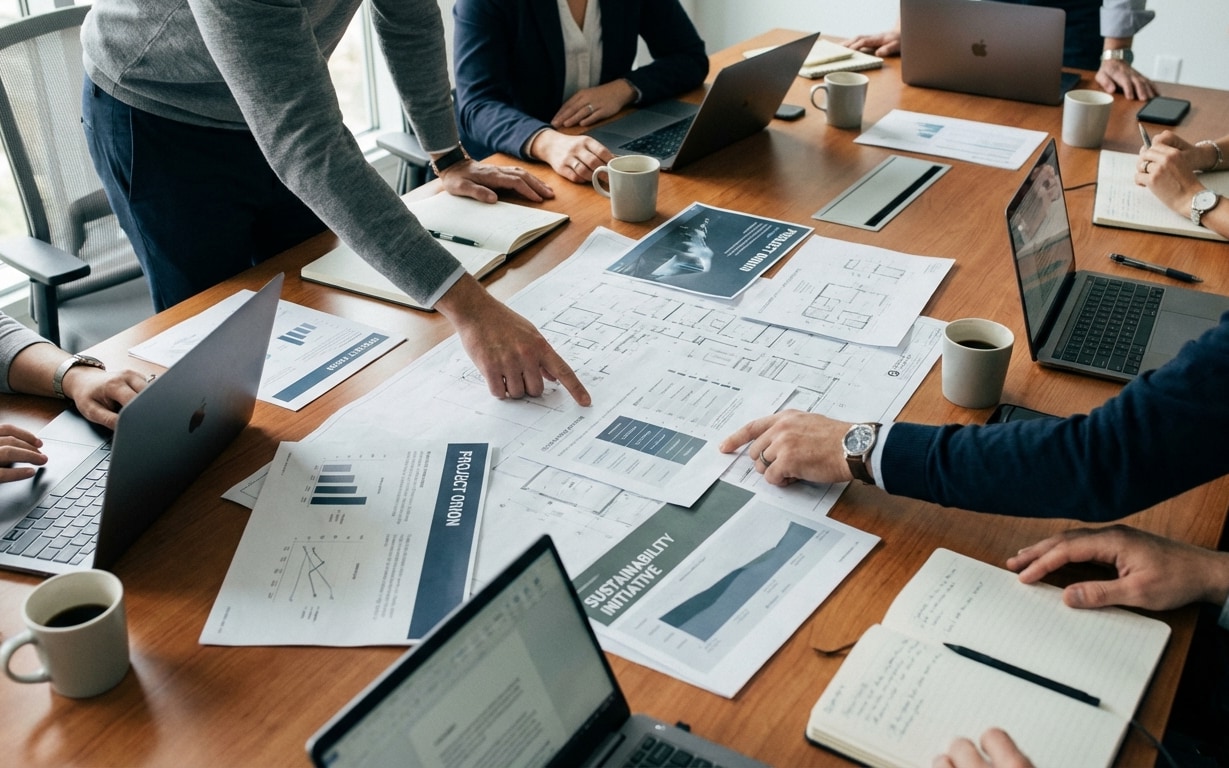 Team collaborating around a table with laptops, coffee cups, notebooks, and documents including charts, floor plans, and sustainability reports.