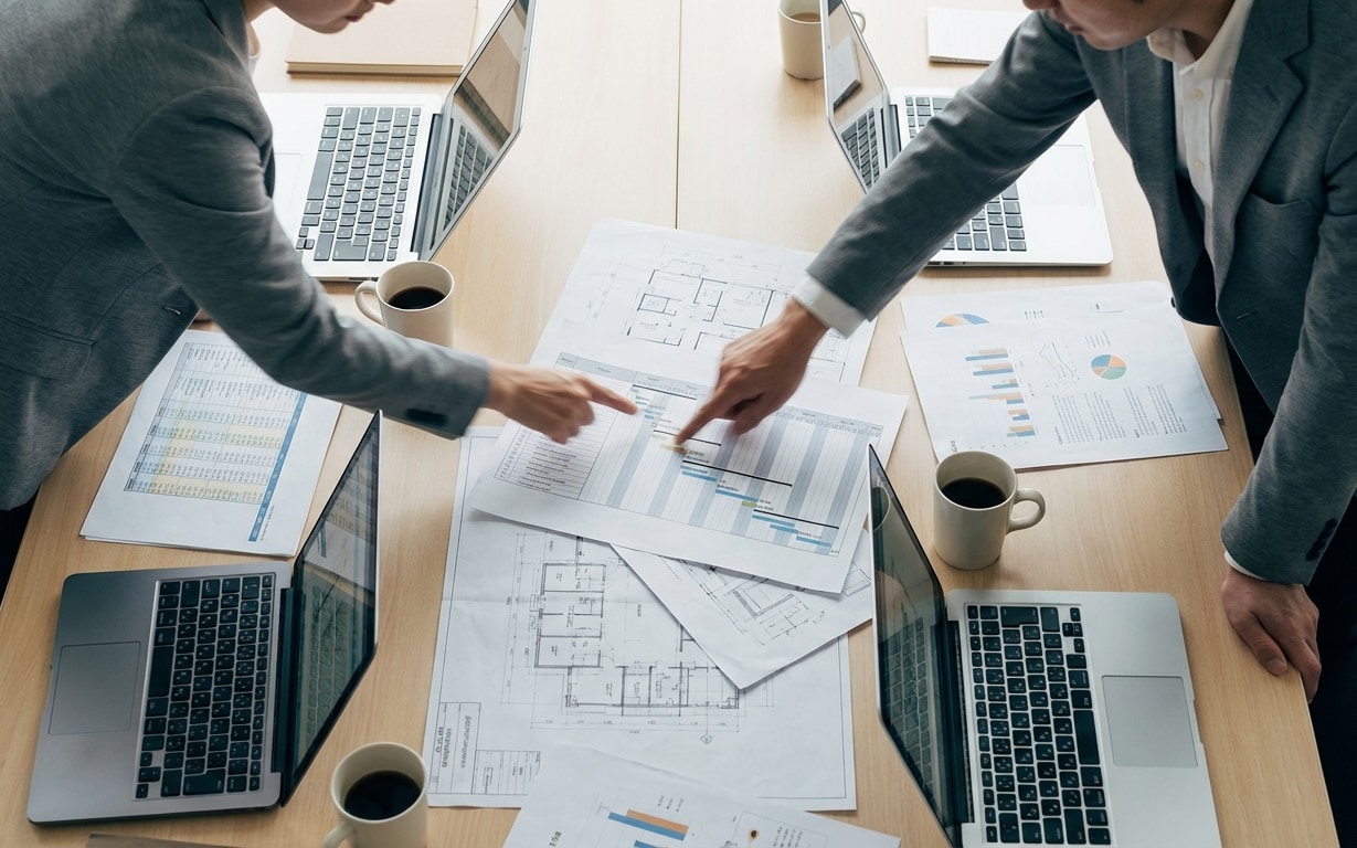 Two businesspeople in gray suits pointing at architectural and project planning documents on a table with laptops and coffee cups.
