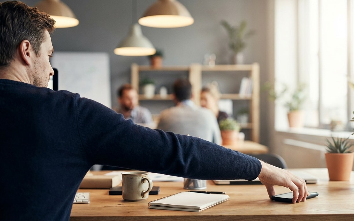 Man in a dark sweater reaching for a smartphone on a wooden desk with notebook and coffee cup in a modern office.